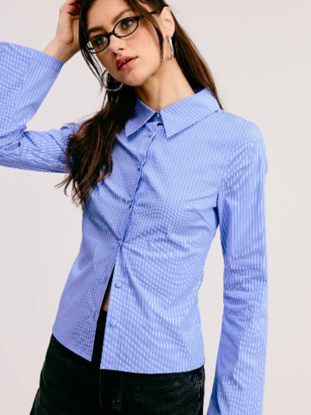 Blue Pinstripe Fitted Button Down Shirt with Flared Sleeves